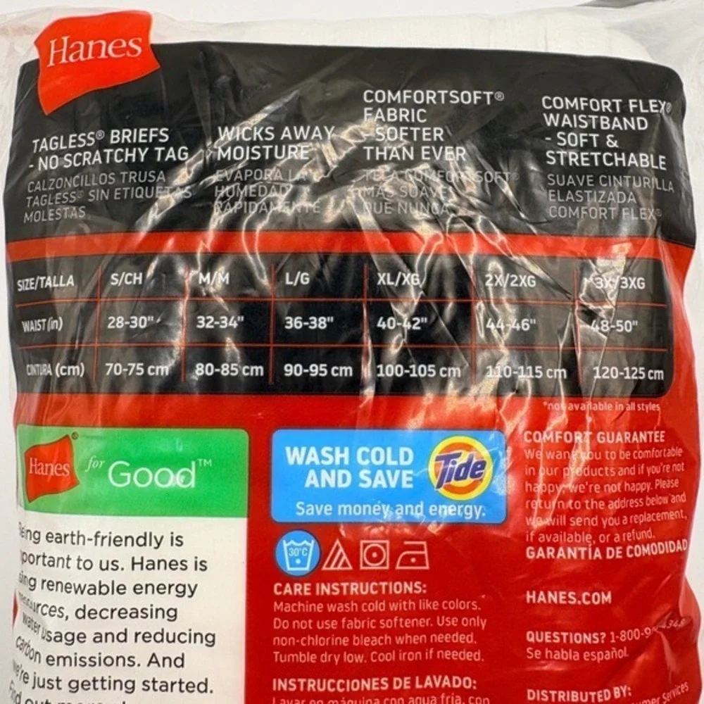 Hanes Mens Tagless Briefs 6 Pack White Cotton Comfort Flex Waistband 2252P6 L